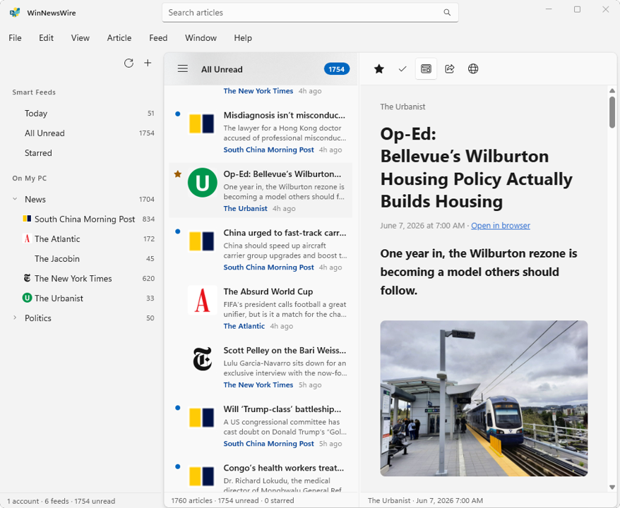 WinNewsWire's three-pane interface: sidebar with smart feeds and subscriptions, an article timeline, and a clean reader view.