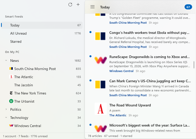 The WinNewsWire sidebar with smart feeds — Today, Starred, All Unread — and feeds grouped into Tech and Design folders.